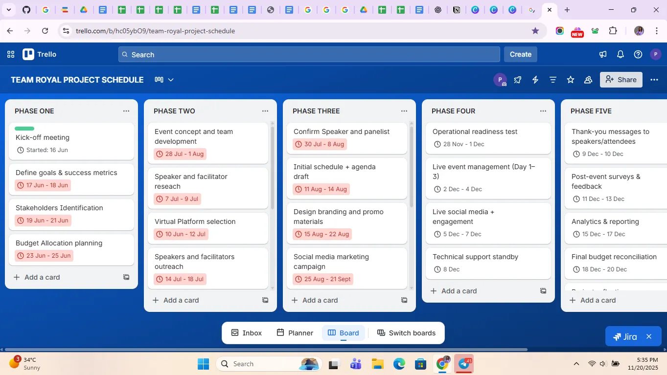 Project Schedule on a Trello Board