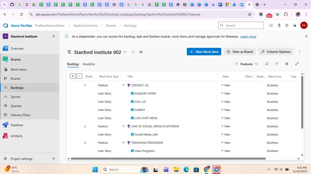 Backlog Created on Azure Devops